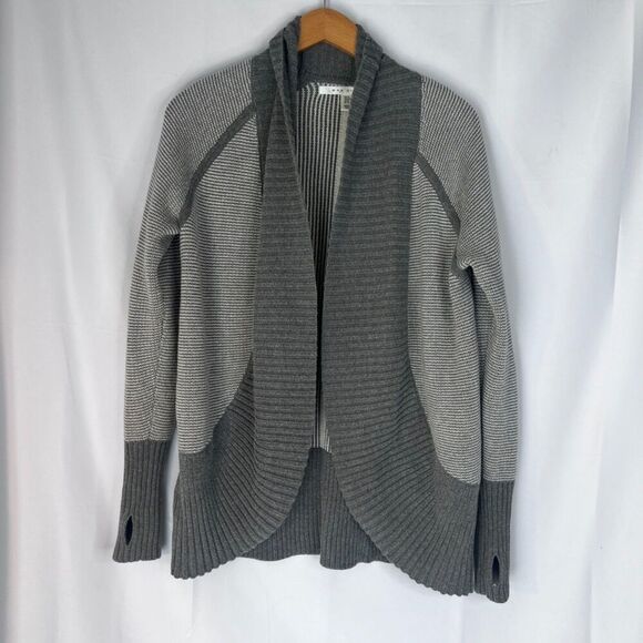 Max Studio Gray White Striped Shawl Collar Open Front Cardigan Thumbholes Sz SM - Picture 8 of 8